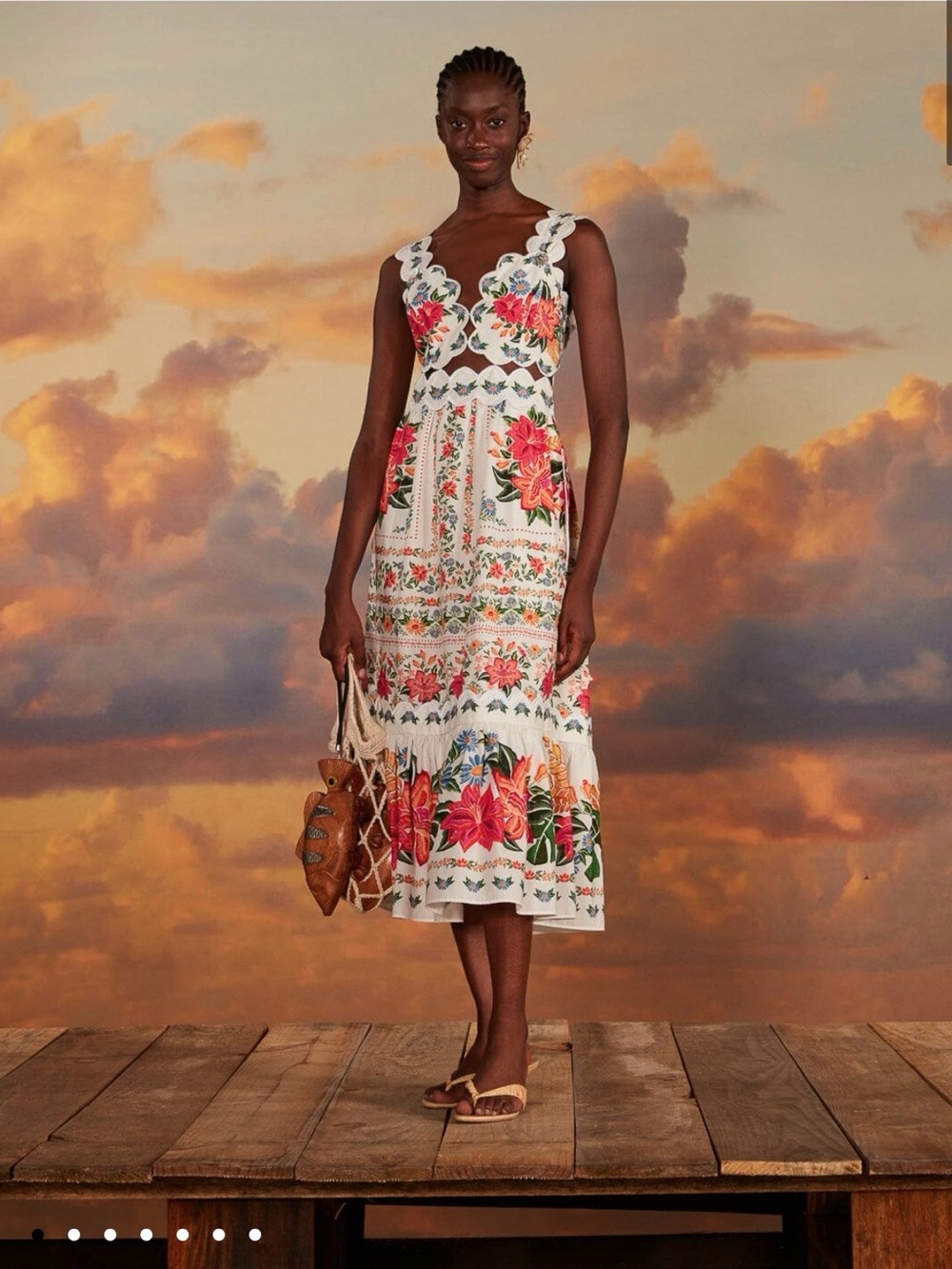 FARM Rio White Midi Dress with Pink & Green Floral Print